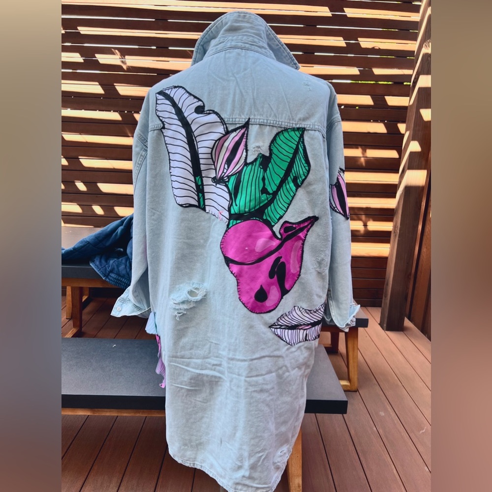 Distressed Denim Tunic with Tropical Print. Only 1 made.